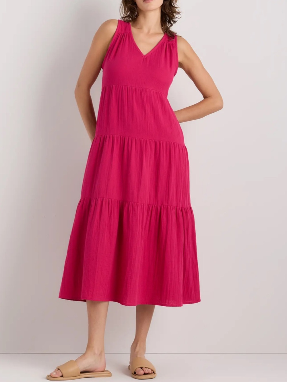 Quince Sleeveless V-Neck Tiered Midi Dress in Bright Pink